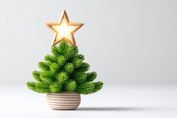 Festive christmas tree with glowing star on white background for holiday decor and design