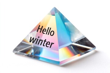 Transparent prism refracting light with "hello winter" text for seasonal design concepts on a white background