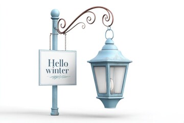 Frosty blue vintage street lantern with hanging winter welcome sign on white background