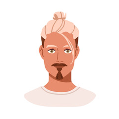 Man avatar, head portrait. Stylish young male character with colored hair, goatee beard, mustache, top knot hairdo, hairstyle in modern style. Flat vector illustration isolated on white background