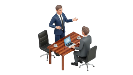 Two businessmen in suits in a meeting discussing business strategy with a laptop on a wooden table in an office setting isolated on a transparent background with soft studio lighting