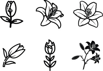 Floral vector seamless pattern with tulip and lily flowers black and white minimalist design for fabric prints wallpaper backgrounds scrapbooking and creative projects nature inspired illustrations
