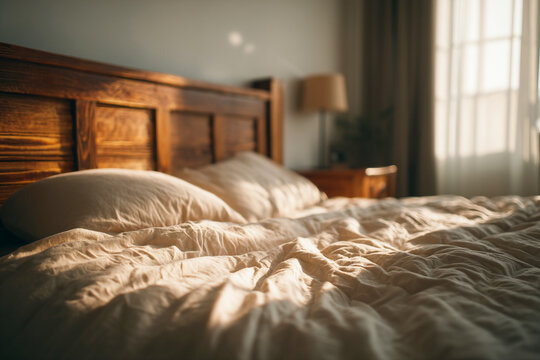 Soft morning light fills an unmade bed in a cozy bedroom setting Generative AI