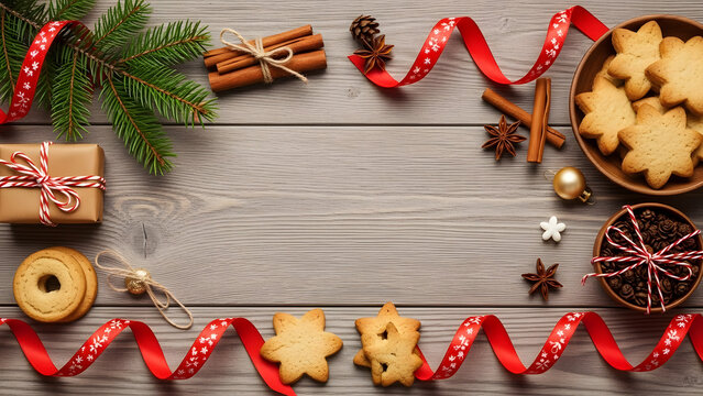 Charming Christmas holiday frame crafted with festive decor, gingerbread cookies, and warming spices on rustic wooden background, perfect for seasonal greetings