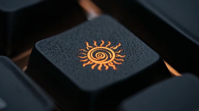Pulling camera, single textured black keycap revealing orange spiral sun at studio, showing texture