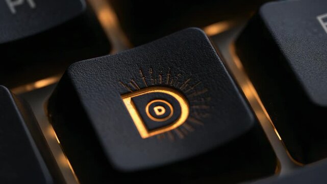 Pushing camera in, black letter D keycap highlighting radial detail on backlit keys with amber glow