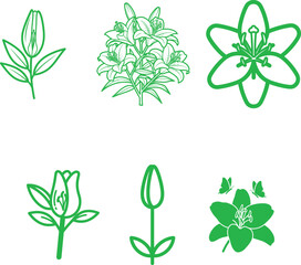 Green floral icon set with lilies tulips and botanical elements in minimalist design for nature themed projects and creative applications perfect for spring and summer designs
