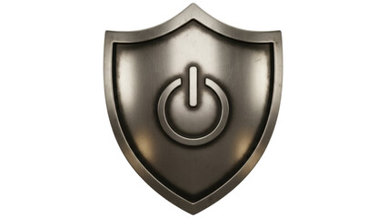 Metallic shield with power button isolated PNG on transparent background, security and protection concept for graphic design