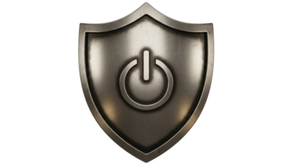 Metallic shield with power button isolated PNG on transparent background, security and protection concept for graphic design