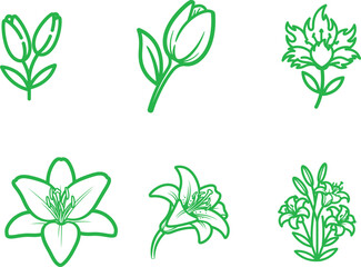 Green Flower Outlines Vector Illustration Featuring Tulips and Lilies in a Simple and Elegant Style Perfect for Spring Themes Design Elements and Nature Inspired Art Projects