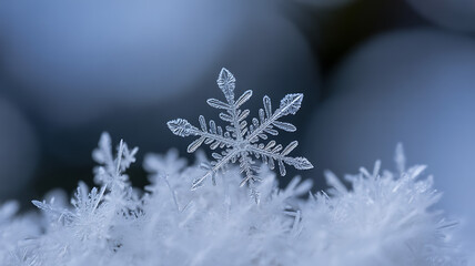 Extreme close-up of a single, intricate snowflake resting on a bed of frost and ice crystals macro winter