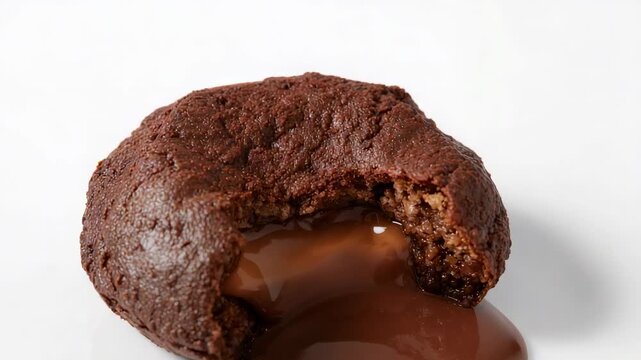 Oozing cookie releasing molten chocolate onto white seamless table after bite exposing glossy core