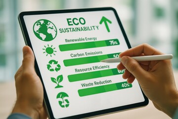 Eco Sustainability Dashboard with Charts for Renewable Energy, Carbon Emissions, and Resource Efficiency