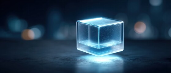 Illuminated glass cube modern studio digital art futuristic environment close-up view high-tech concept