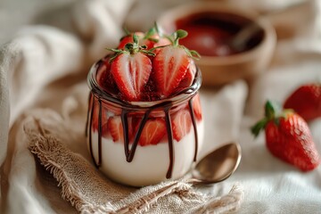 Close-Up Composition of Dessert Featuring Strawberries and Chocolate Drizzle on Cloth Background