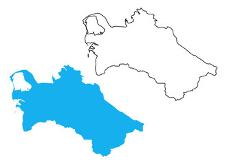 Turkmenistan country map. Map in various outline and blue silhouette styles