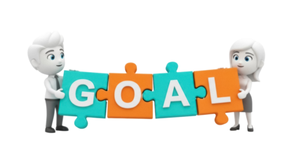 Teamwork concept with cartoon characters holding puzzle pieces spelling GOAL isolated PNG, business strategy and achievement on transparent background