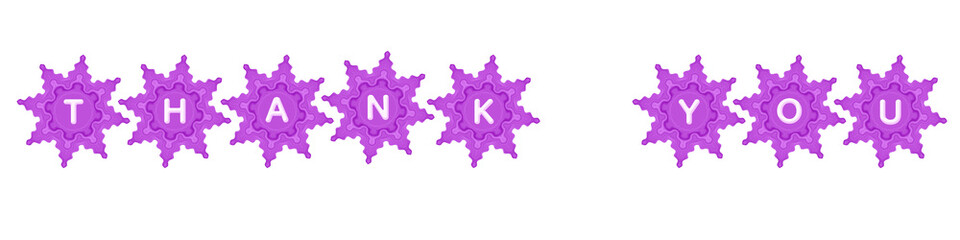 A stylish winter-themed “Thank You” banner featuring decorative purple snowflakes arranged in a clean horizontal layout. Each snowflake contains a letter, forming a warm and modern 