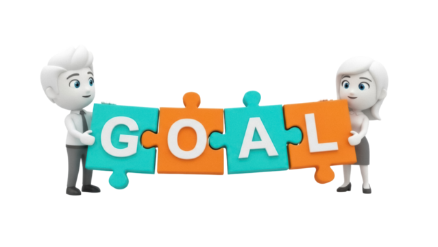 Teamwork concept with cartoon characters holding puzzle pieces spelling GOAL isolated PNG, business strategy and achievement on transparent background - Powered by Adobe