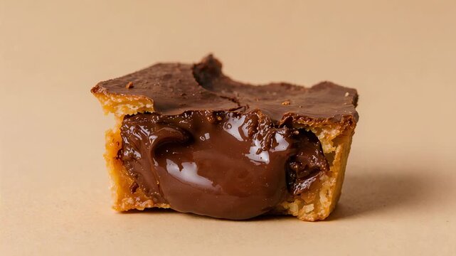 Camera tightening framing showing halved choc tart on tan table, molten ganache settling for detail