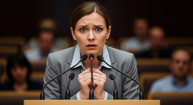 Nervous shy female lecturer standing behind podium with microphones to address audience. Speaker has fear and anxiety before public speaking and events, agitated mental state