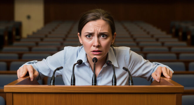 Nervous shy female lecturer standing behind podium with microphones to address audience. Speaker has fear and anxiety before public speaking and events, agitated mental state