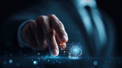 Businessman hand touching AI icon representing artificial intelligence and machine learning concept, digital brain technology