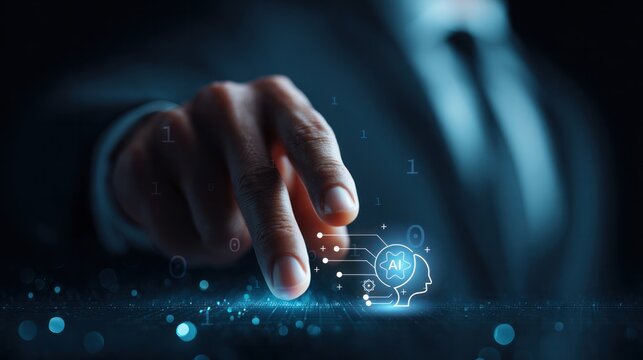 Businessman hand touching AI icon representing artificial intelligence and machine learning concept, digital brain technology