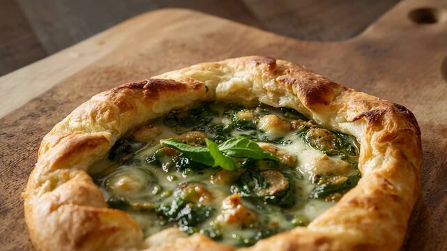 Pulling camera closer, filming galette on board, highlighting spinach and cheese filling and basil