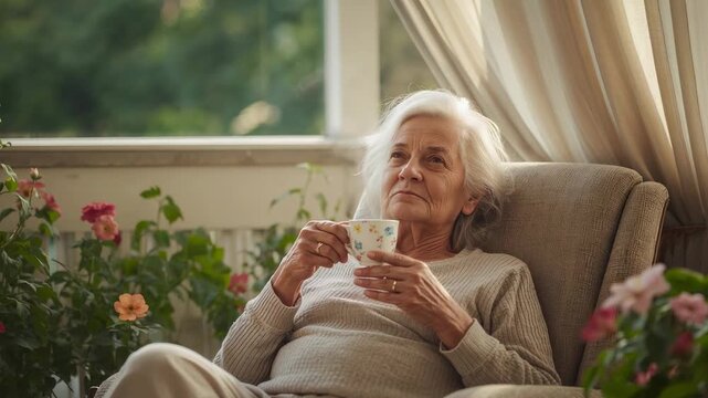 Noticing sunlight drawing gaze upward, senior wearing sweater raising teacup on porch with plants