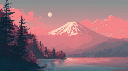 Pixelated Mountain Landscape with Pink Hues and Serene Lake
