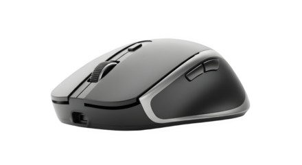 A black wireless optical computer mouse, a necessary device and input accessory for a PC in the office, is isolated on white