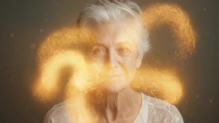 Smiling senior woman wearing light-lace top in studio, left golden trail appearing swirling as halo - Powered by Adobe