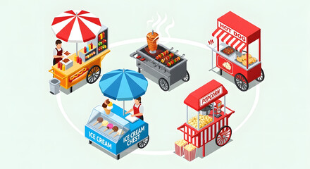 Vector illustration of an abstract city background with cartoon transport icons including car, train, and bus