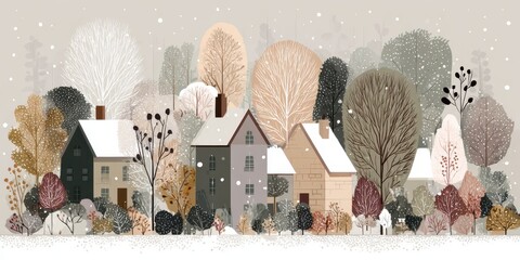 Pixelated Winter Landscape Featuring Houses Trees And Falling Snow With Neutral Colors