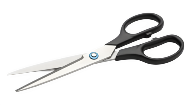 Black and stainless steel sharp cutting tool scissors with plastic handle isolated on white background