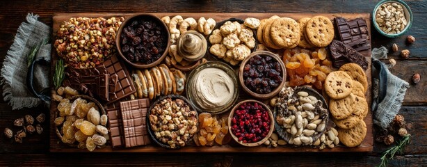 Thanksgiving Dessert Board with Chocolate, Cookies, Nuts and Dried Fruit on Rustic Wooden Table