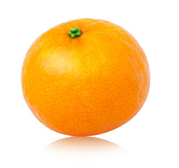 One ripe mandarin, tangerine or clementine citrus fruit on white background with reflection.