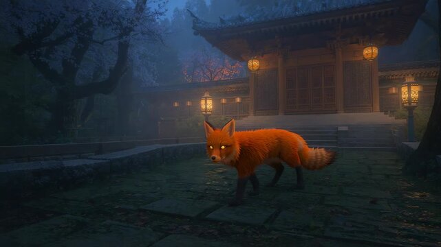Padding red fox moving through temple courtyard at night, sniffing wet stone and lantern glow
