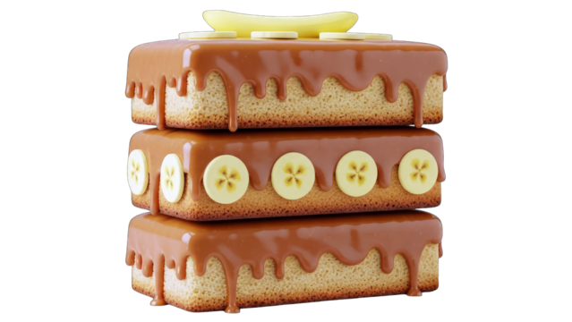 Three Layered Rectangular Sponge Cake Drizzled With Caramel Sauce Topped With Banana Slices Isolated On Transparent Background Studio Shot