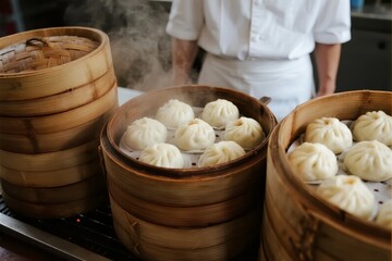 Steaming buns in bamboo baskets with chef in background