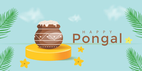India celebration Pongal greeting banner. Card for web design. Pot, rice, podium, cloud, text, flower, plant. Vector illustration