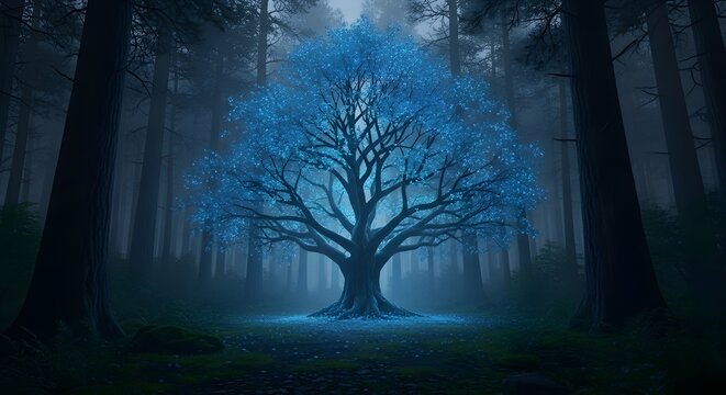 Misty cold morning wood landscape with silhouetted trees and blue light fog - Powered by Adobe