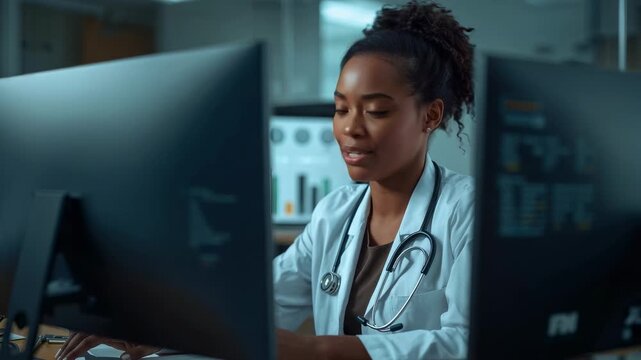 Typing physician in white lab coat leaning to monitors after alert at clinic desk, with stethoscope