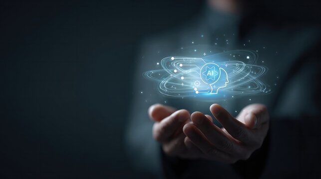 Businessman hands holding virtual AI brain icon, artificial intelligence and machine learning solution concept