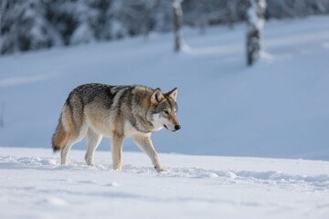 Naklejka premium Wolf walking across a snowy landscape in winter