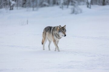 Naklejka premium A gray wolf walking across a snowy landscape in a winter forest