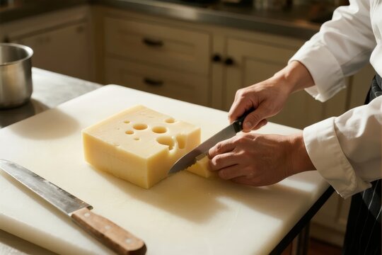 Person slicing a block of Swiss cheese on a cutting board in a kitchen - Powered by Adobe