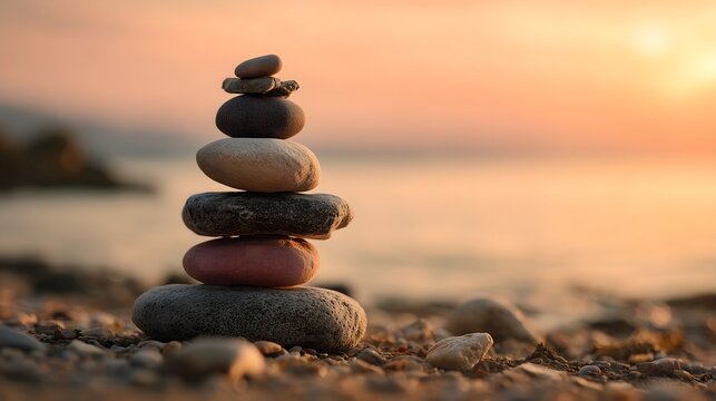 Stacked stones balance serene sunset - Powered by Adobe