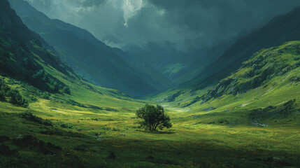 Obraz premium Serene Valley Landscape Under Dramatic Skies